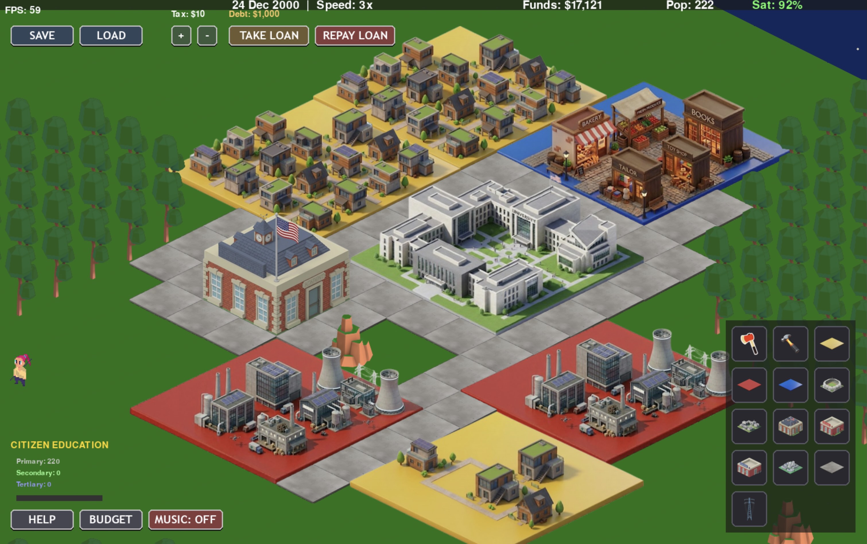 Isometric city builder gameplay showing zones, roads, service buildings, power plants, budget controls, population, and satisfaction