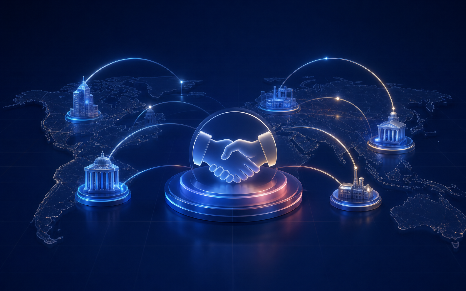Premium global partnership visual with connected institutions and cross-border business arcs