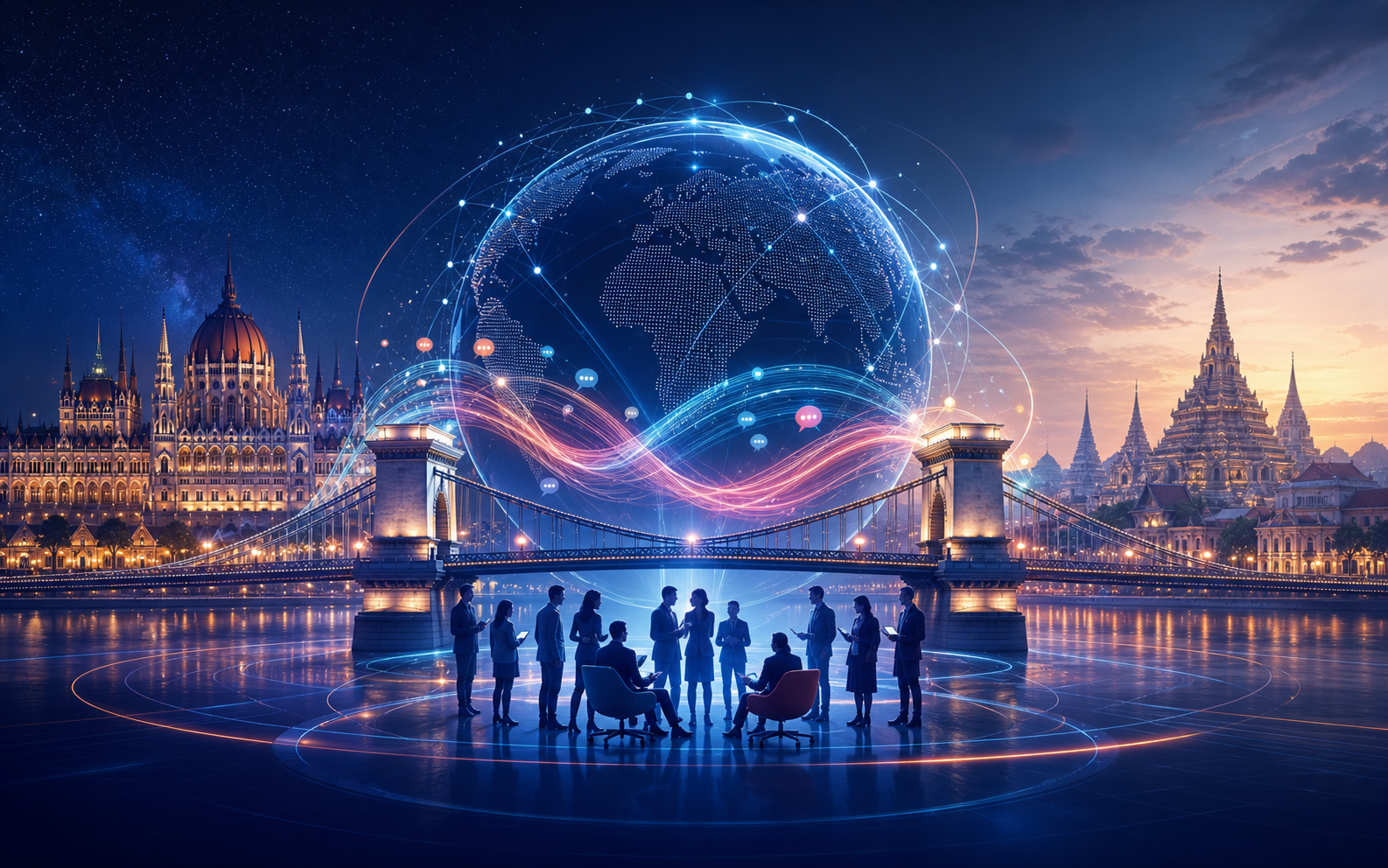 Budapest and Southeast Asia inspired global bridge visual with communication ribbons and international connections