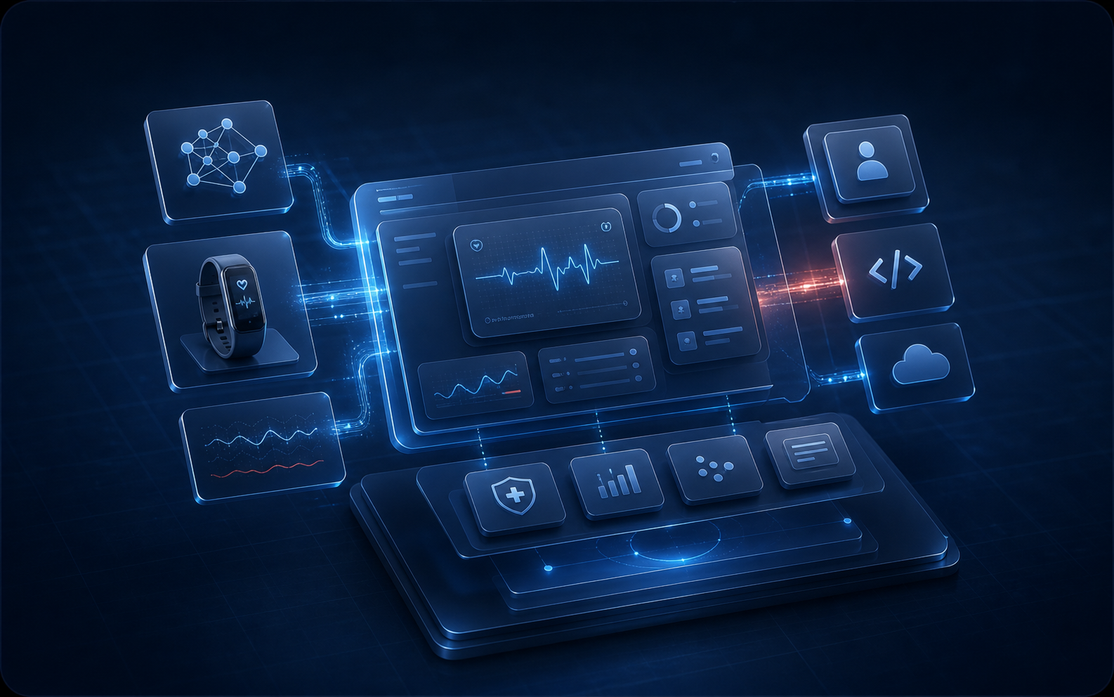Modern AI product interface with medical telemetry, dashboard modules, and connected software systems